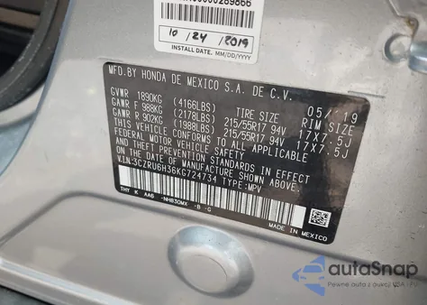 2019 Honda Hr-V Lx из США, поврежденный, VIN 3CZRU6H36KG724734